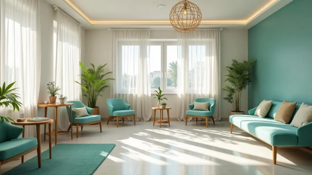 Interior luminoso de Neurovida con sillones turquesa, plantas y lámpara de fibras naturales