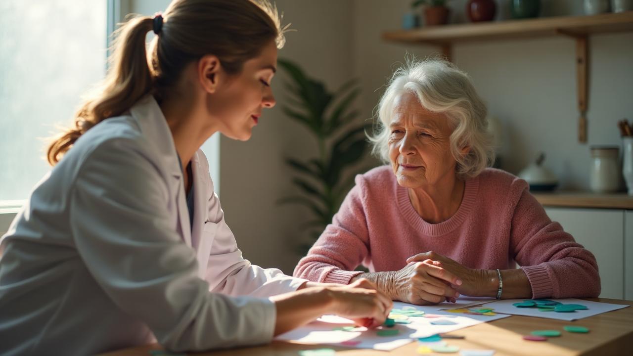 Sesión de terapia cognitiva para deterioro cognitivo leve con neuropsicóloga y paciente mayor