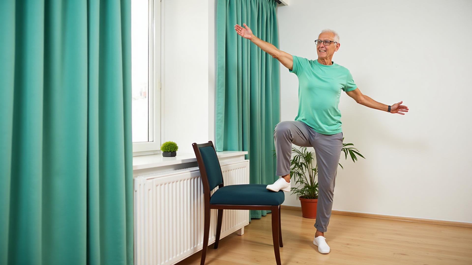 Persona mayor haciendo ejercicios de equilibrio con apoyo de una silla