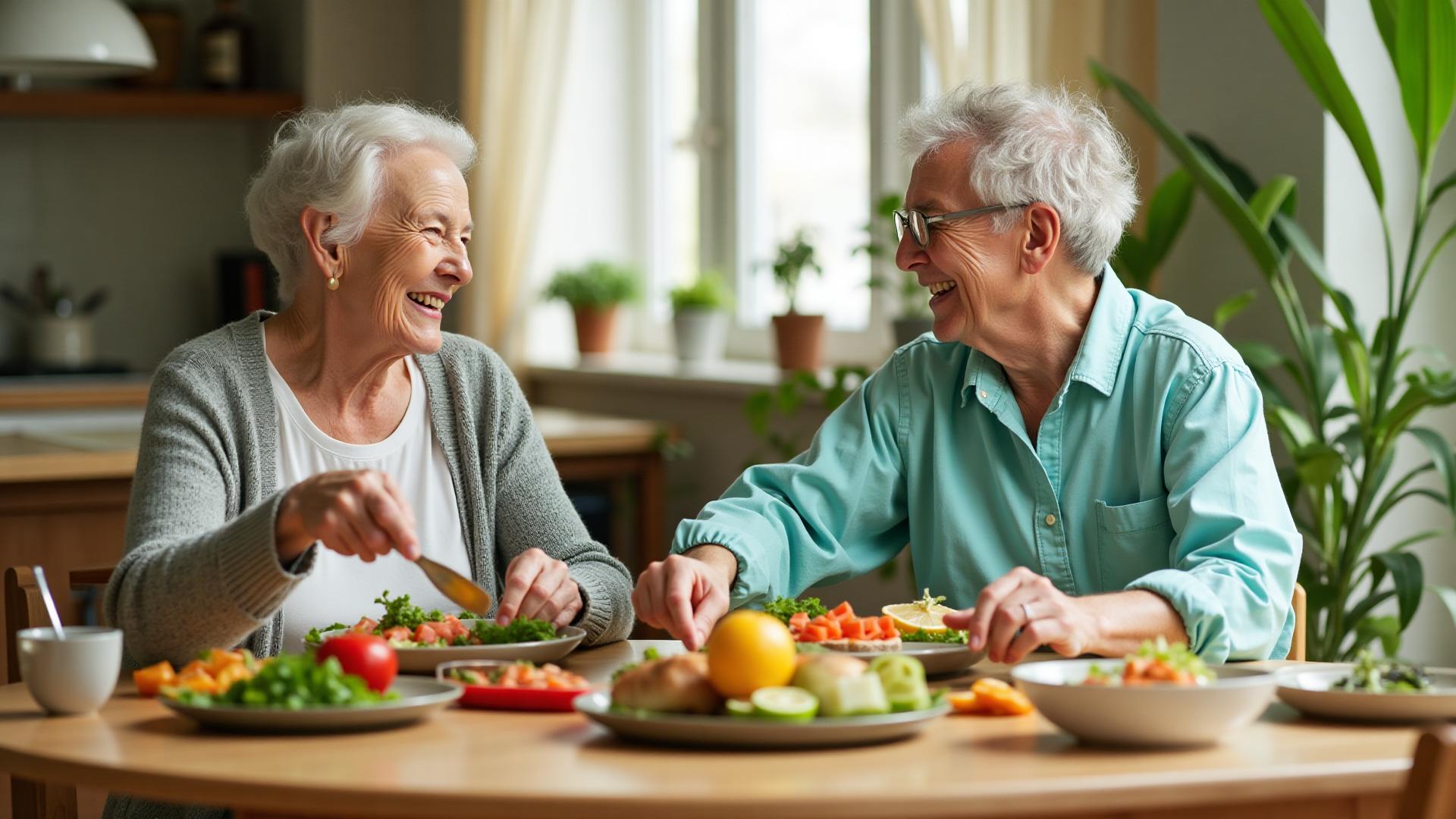 Personas mayores disfrutando de una comida saludable juntos