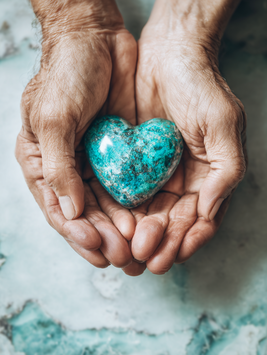Manos de una persona mayor sosteniendo un corazón de piedra turquesa, símbolo de cuidado y empatía