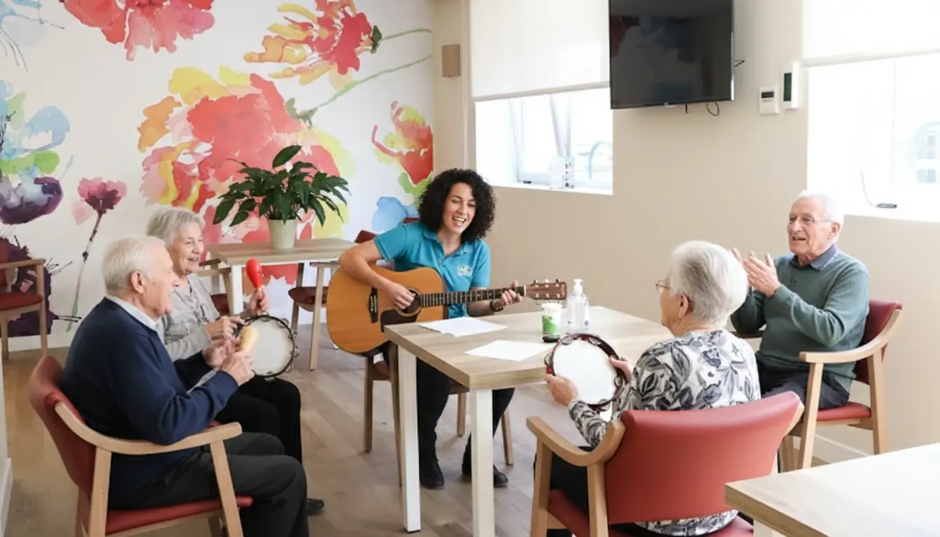Sesión de musicoterapia: terapeuta tocando guitarra para persona mayor en Neurovida