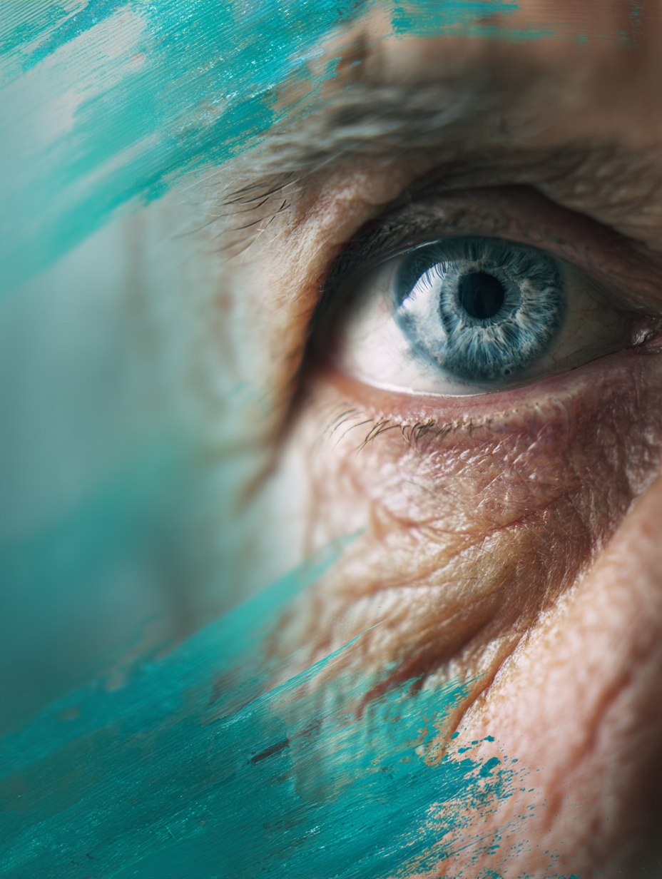 Primer plano del ojo azul de una persona mayor con textura artística, representando claridad y propósito